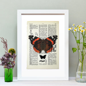 Red Admiral butterfly vintage book page art print