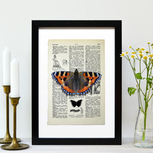 Tortoiseshell butterfly vintage book page art print