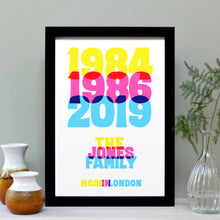 Load image into Gallery viewer, Family years personalised bright type print