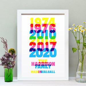 Family years personalised bright type print