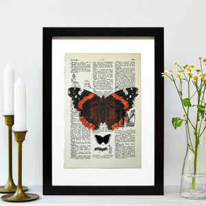 Red Admiral butterfly vintage book page art print