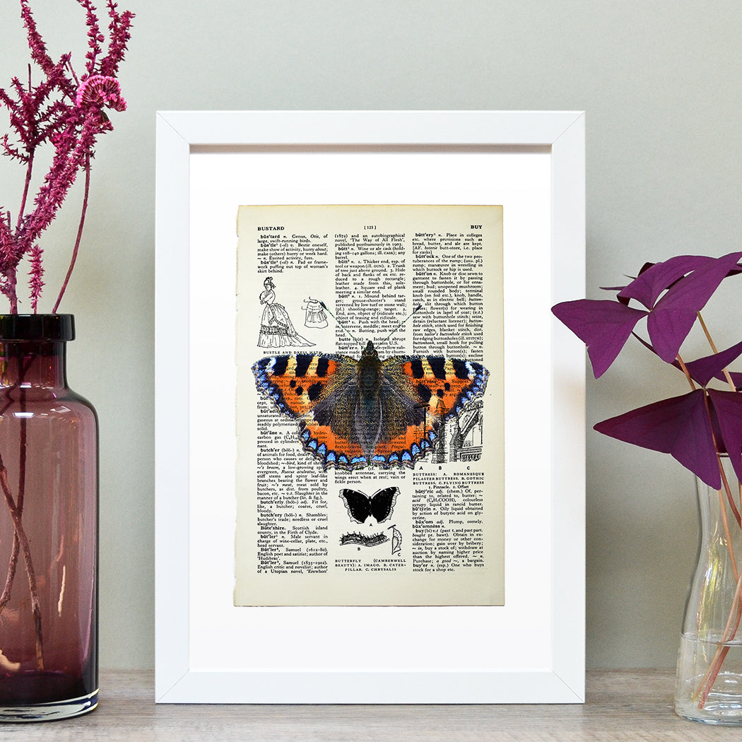 Tortoiseshell butterfly vintage book page art print