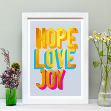 Load image into Gallery viewer, Hope Love Joy golden words art print