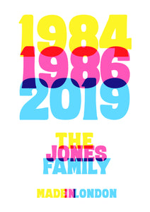 Family years personalised bright type print