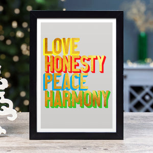 Love Honesty Peace Harmony golden words art print