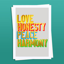 Load image into Gallery viewer, Love Honesty Peace Harmony golden words art print