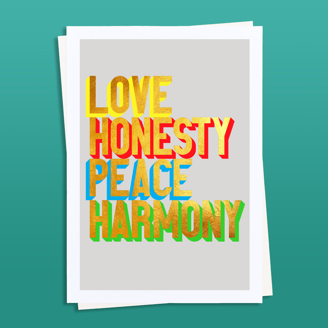 Love Honesty Peace Harmony golden words art print