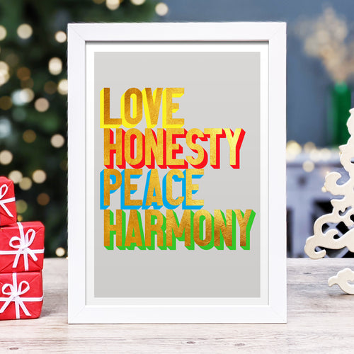 Love Honesty Peace Harmony golden words art print