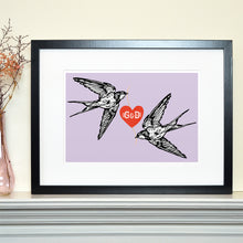 Load image into Gallery viewer, Lovebird swallows personalised couple&#39;s print