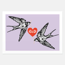 Load image into Gallery viewer, Lovebird swallows personalised couple&#39;s print